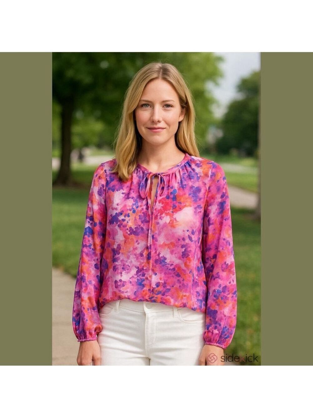 Adyson Parker Womans Plus Size1X Floral Watercolor Blouse Tie Neck Spring NEW